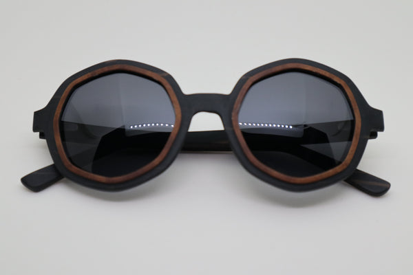 Leatherback Wood Sunglasses, Happy Beluga, closeup, wood sunglasses, wooden sunglasses, sunglasses Canada, brown sunglasses