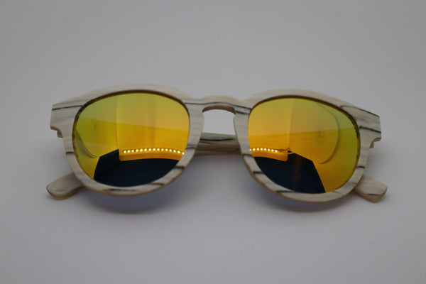 Sei Wood Sunglasses, Happy Beluga, closeup, wood sunglasses, wooden sunglasses, sunglasses Canada, white sunglasses