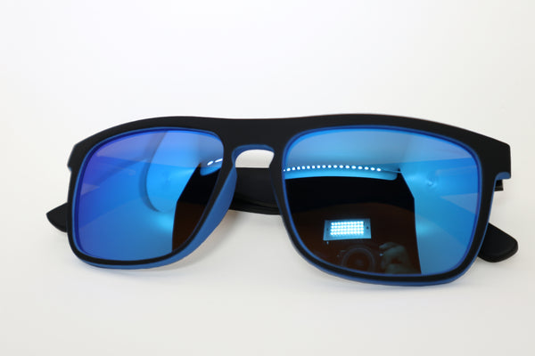 The Big Blue Bamboo Sunglasses - Happy Beluga - closeup - recycled plastic sunglasses
